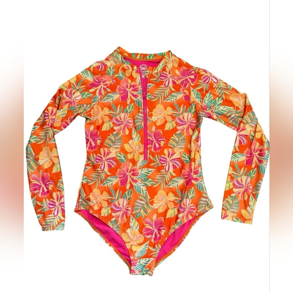 Kids Floral Long-Sleeve One-Piece Swim Suit in Bright Orange and Pink